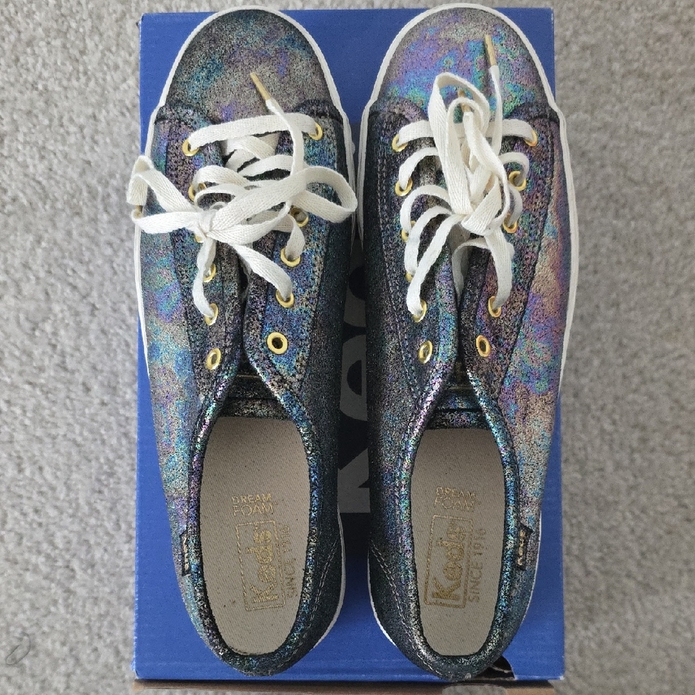Keds Triple Kick Lea Holographic Platform Sneakers with White Laces